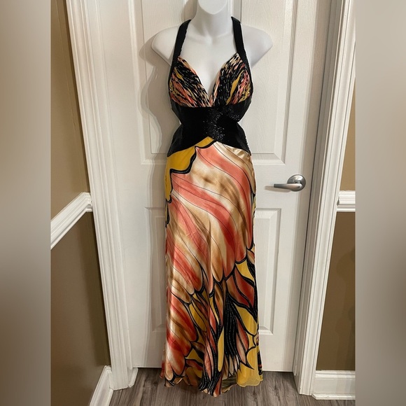 TERANI COUTURE Halter 100% Silk Dress Maxi Boho Sash Crisscross Back Size 2 - Picture 8 of 12